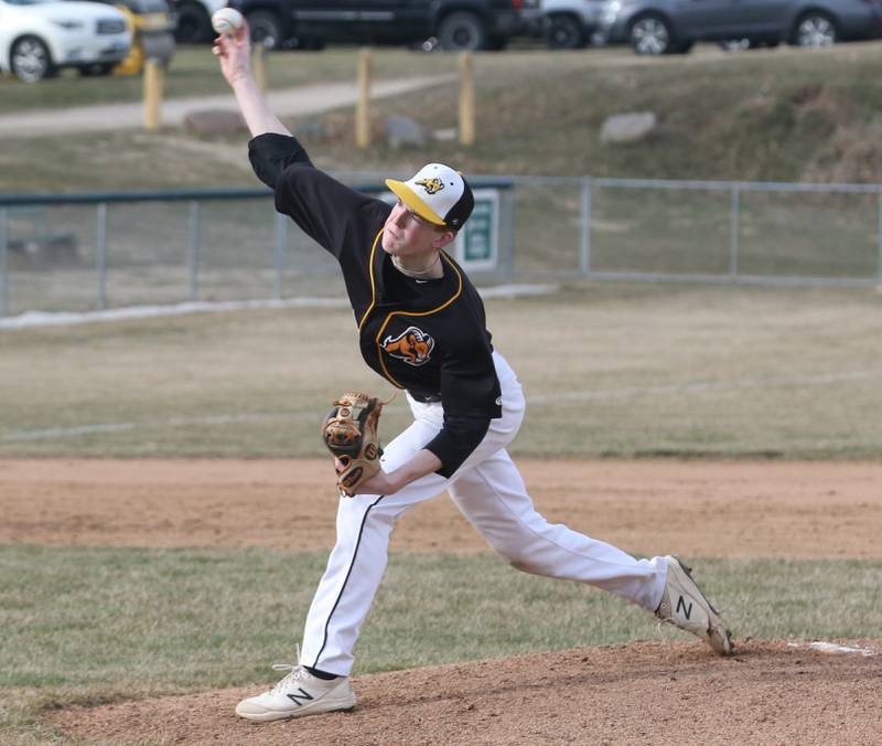 Riverdale's Jake Williams delivers a pitch against St. Bede on Monday, March 20, 2023 at St. Bede Academy.