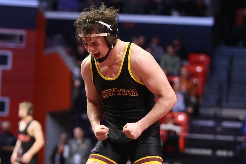 Montini’s Jayden Colon Montini’s Jayden Colon celebrates his win over Joliet Catholic’s Mason Alessio in the Class 2A 145lb. championship match at State Farm Center in Champaign. Saturday, Feb. 19, 2022, in Champaign.