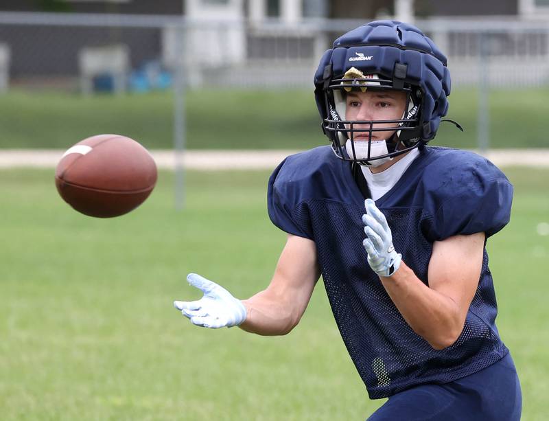 Hiawatha’s Tim Pruitt catches a pass Tuesday, Aug. 19, 2025, during practice at the school in Kirkland.