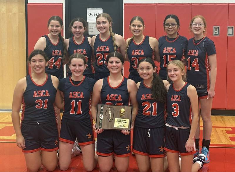 The St. Carlo Acutis eighth grade girls basketball team edged Waltham 24-22 to win the IESA Class 1A Regional at Waltham. Pictured, front row (from left): Sophia Cipraino-Trainor, Callie Fusinetti, Lucy Burkhart, Yari Robles and Sadie Sticka. Back row: Brenna Waszkowiak, Pippa Phillips, Elyse Grubich, Lovelyn Beck, Alicia Garica and Avery Torres. The team is coached by Jason Grubich and Greg Sticka. The team's season ended with a 42-26 loss to LaHarpe in the sectional.