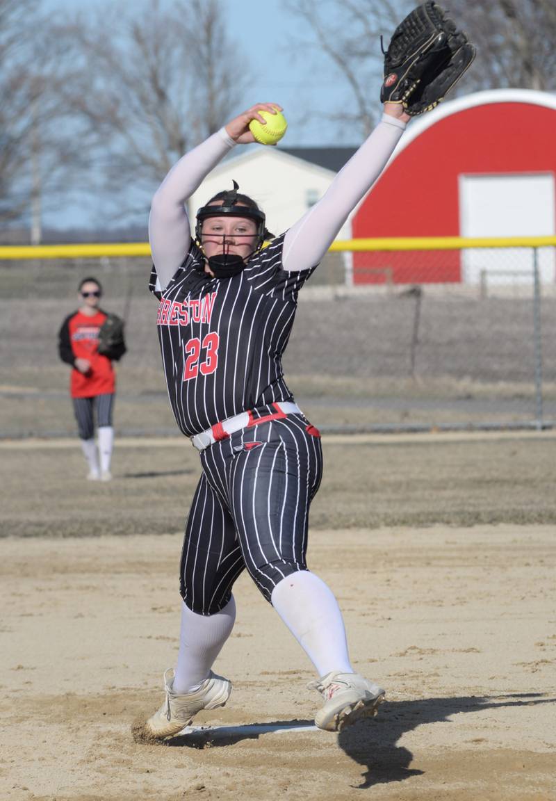 Forreston's Aubrey Sanders pitches against River Ridge/Scales Mound on Monday, March 24, 2025 in Forreston.