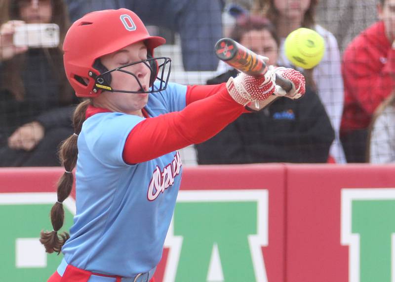 Ottawa's Avery Leigh bunts the ball foul against L-P on Monday, April 21, 2025 at the L-P Athletic Complex in La Salle.