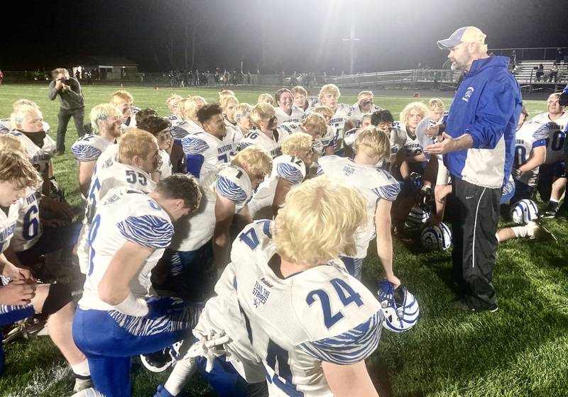 Princeton coach Ryan Pearson addresses  his team after Saturday's 35-0 win at Monmouth-Roseville. The Tigers (10-1) return home to host Lombard Montini Catholic (9-2) at 1 p.m. Saturday.