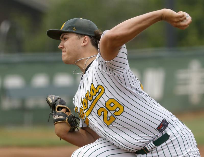 Crystal Lake South's Devin De Loach throws a pitch during the IHSA Class 3A Grayslake Central Sectional Championship baseball game against Cary-Grove on Saturday, June 7, 2025, at Grayslake Central High School.