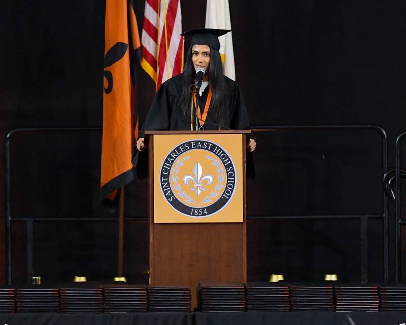 St. Charles East senior class President Kyna Patel speaks to the graduating class on Monday, May 18, 2026, at the Convocation Center in DeKalb.
