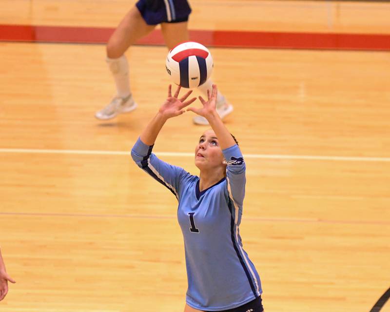 Nazareth Academy's Tess Tortorello (1) sets the ball during the sectional title game while taking on Geneva on Thursday Nov. 6, 2025, held at Timothy Christian High School.
