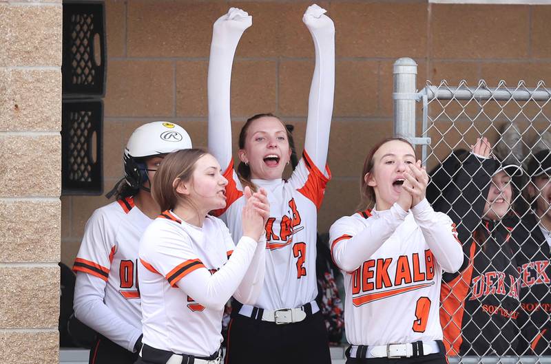 The DeKalb bench celebrates as the run scores during their game against Rockford Auburn Wednesday, March 15, 2023, at DeKalb High School.