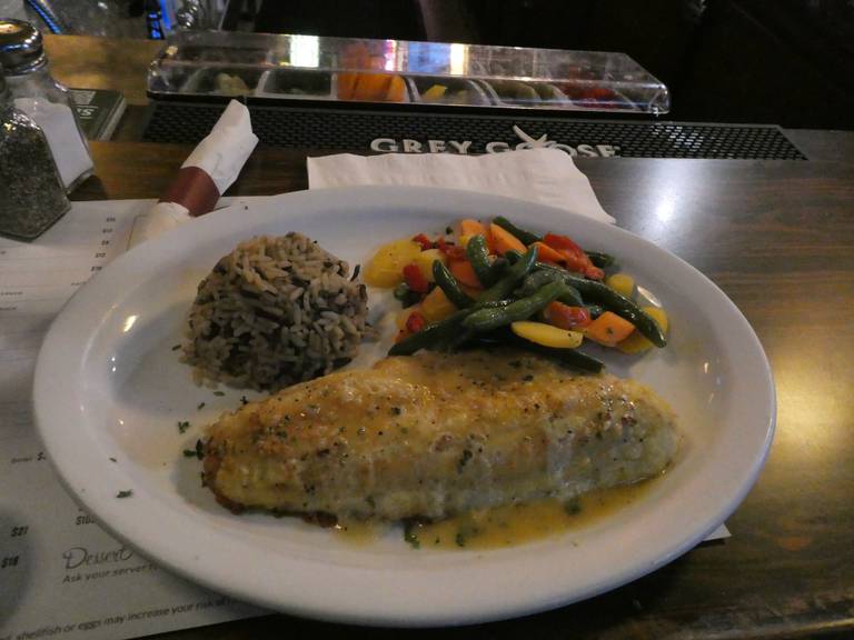 Pan fried walleye with rice and vegetables at Labemi's Tavern in downtown Crystal Lake.