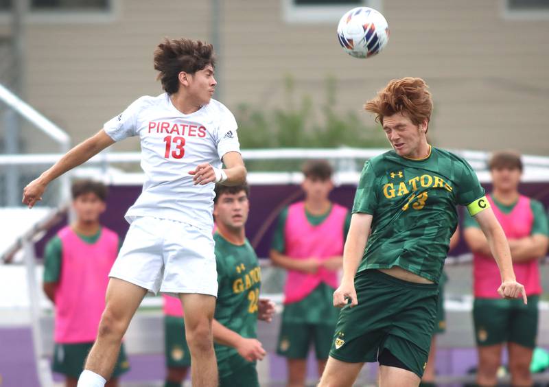 Crystal Lake South’s Pierce Johnson, right, vies for the ball with Palatine’s Mario Cruz in varsity boys soccer at Ray Porten Field on the campus of Wauconda High School in Wauconda on Wednesday, Sept. 3, 2025.