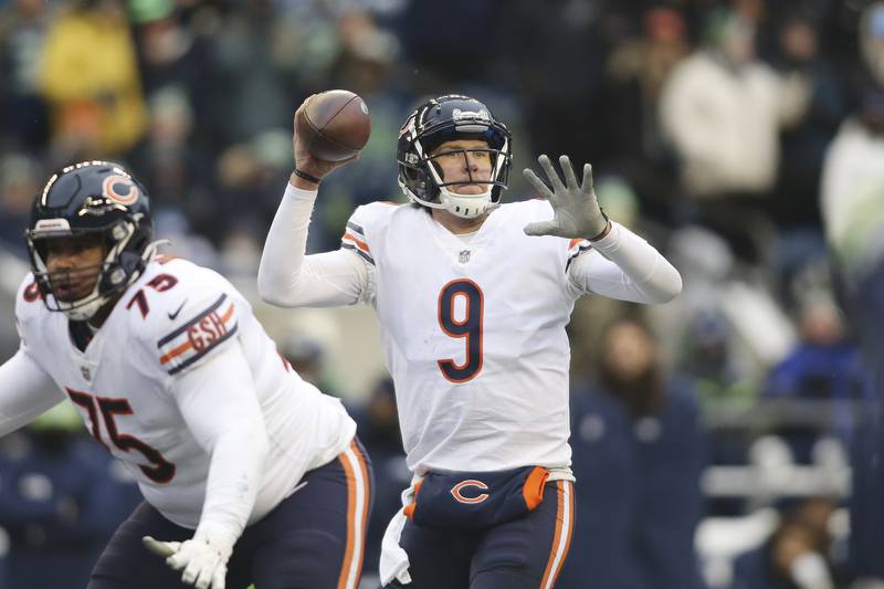 Chicago Bears quarterback Nick Foles readies a throw against the Seattle Seahawks during the second half Sunday, Dec. 26, 2021, in Seattle.