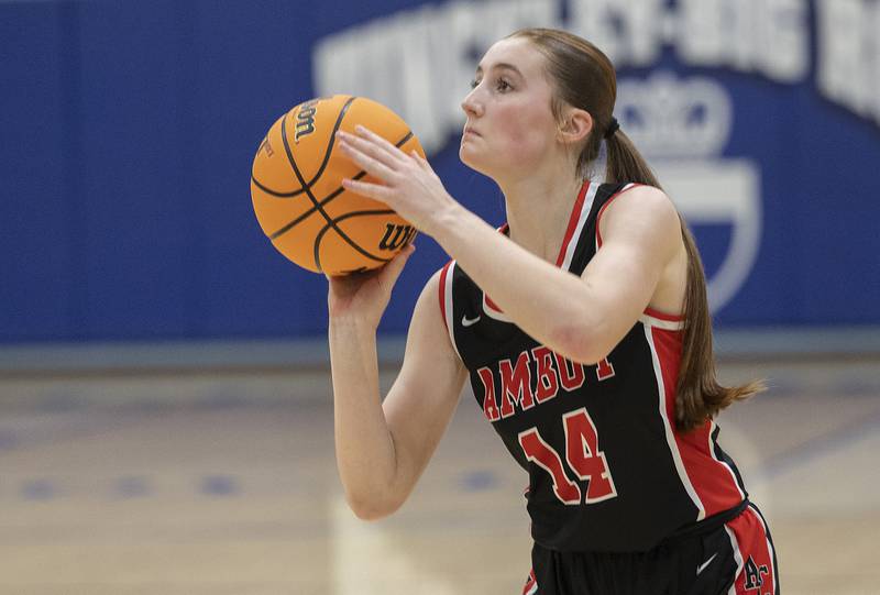 Amboy’s Jillian Anderson puts up a shot against Morgan Park Academy Tuesday, Feb. 25, 2025, in the Class 1A Sectional semifinal at Hinckley-Big Rock.