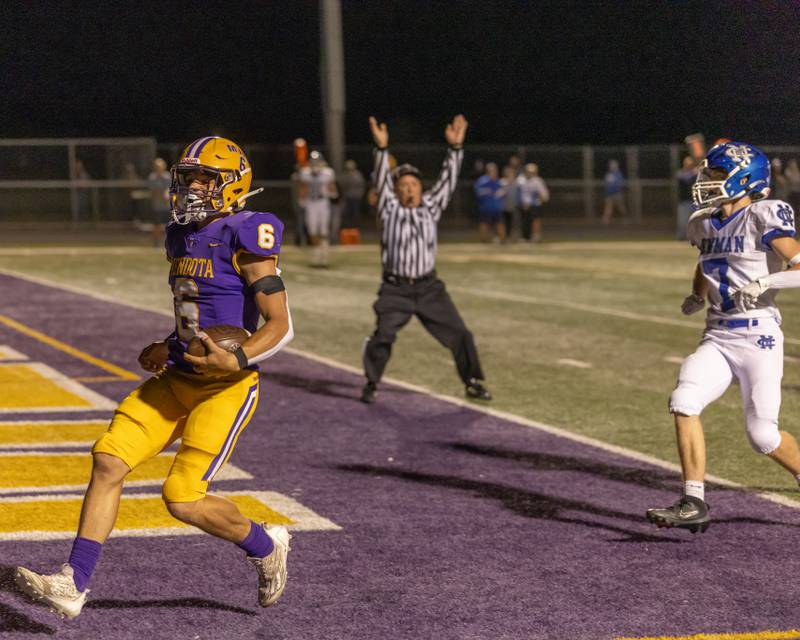 Corbin Furar runs the ball into the endzone to score a touchdown against Newman Central Catholic High School during the game at The Jeff Prusator Athletic Complex on September 5, 2025 at Mendota High School.
