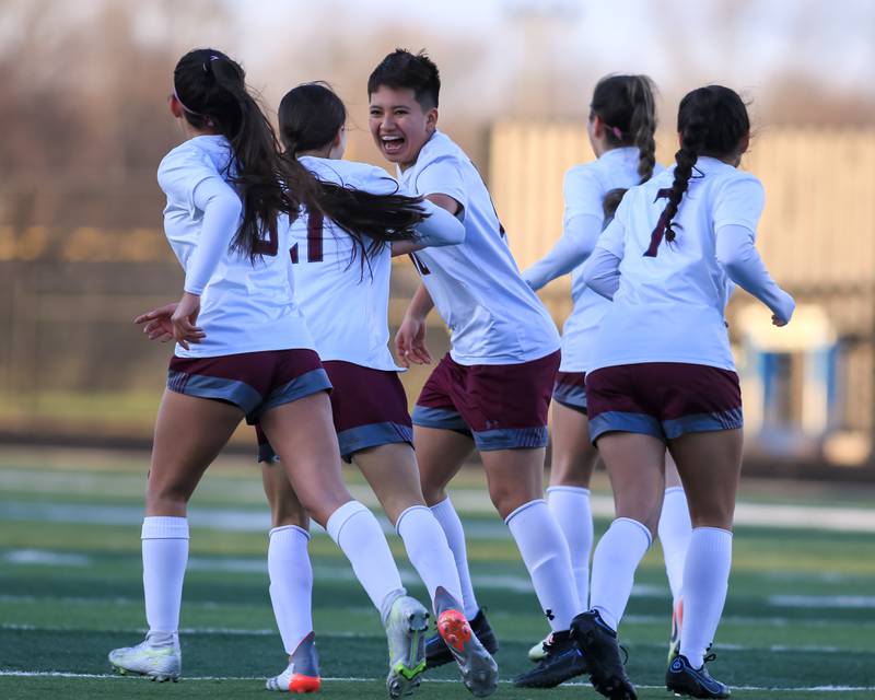 Morton's Esmeralda Bautista (10) celebrates a first half goal during soccer match between Morton at Willowbrook. April 14, 2022.