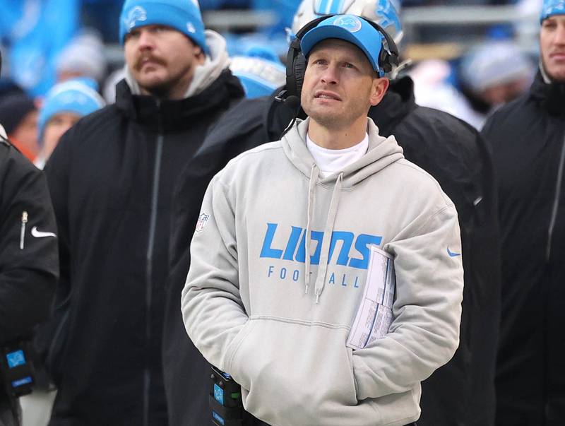 Detroit Lions offensive coordinator Ben Johnson watches a play on the video board during their game against the Chicago Bears Sunday, Dec. 22, 2024, at Soldier Field in Chicago.