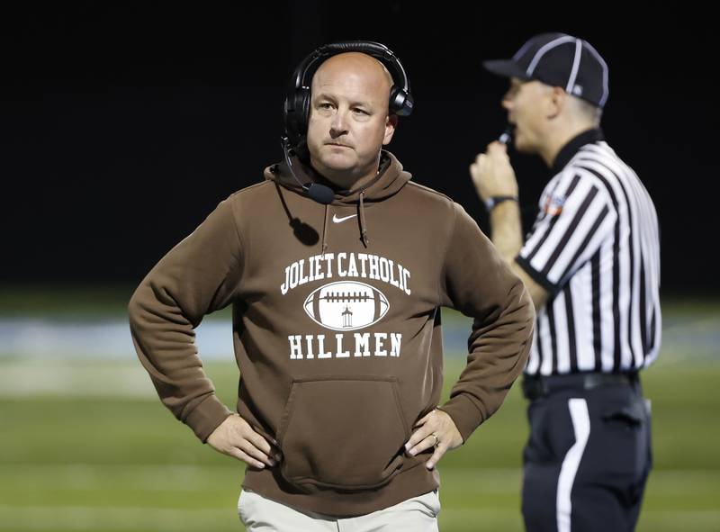 Joliet Catholic head coach watches the action during the varsity football game between Joliet Catholic and Nazareth academies on Friday, Sep. 27, 2024 in La Grange Park.