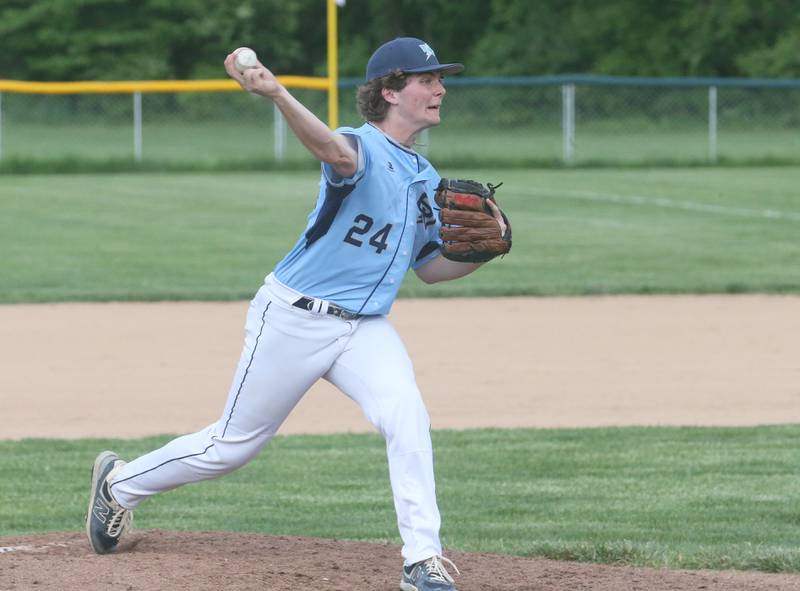 Bureau Valley relief pitcher Landen Birdsley lets go of a throw to St. Bede on Wednesday, May 14, 2025 at St. Bede Academy.