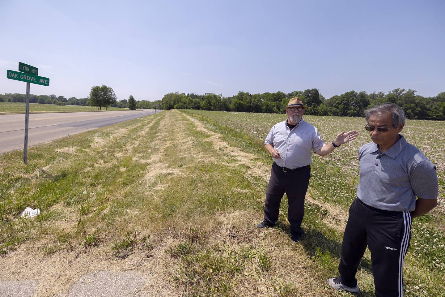 Alderman Jim Wise (left) speaks about Ybarra’s complex Thursday, June 8, 2023 at the hopeful site. Wise sees the proposal as a huge boon for development of the north side of Sterling.