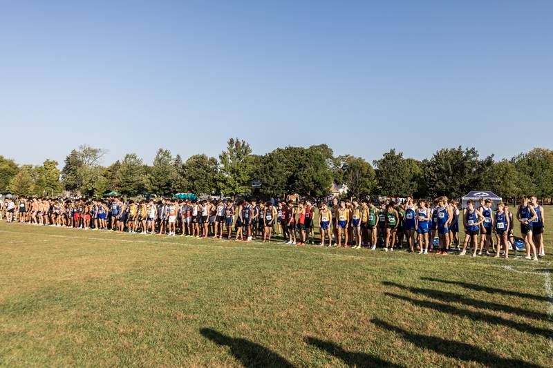 Varsity cross country runners begin the Locktoberfest three-mile race at Dellwood Park in Lockport on October. 4, 2025.