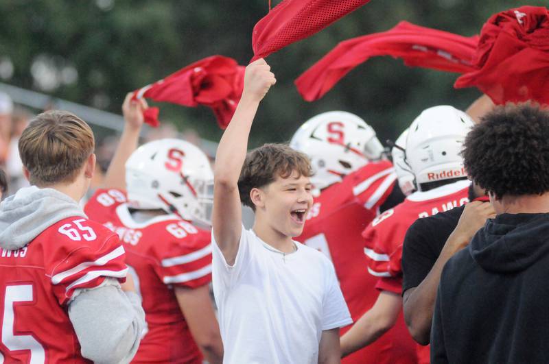 The Streator sideline cheers on Friday, Aug. 29, 2025 at Doug Dieken Stadium in Streator.