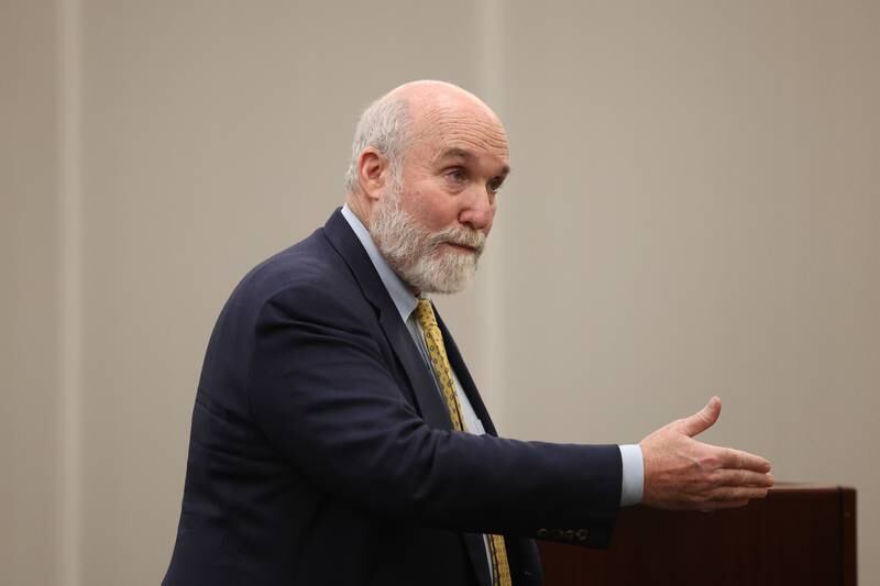 Joel Brodsky talks with the judge during his hearing at the Will County courthouse on Monday, April 1, 2024 in Joliet.