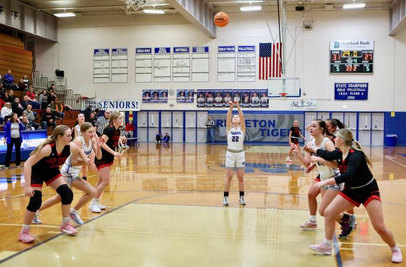 Princeton's Camryn Driscoll shoots one of her patented rainbow free throw during the second half of Thursday's game at Prouty Gym. She scored a game-high 15 points as PHS won 34-30.
