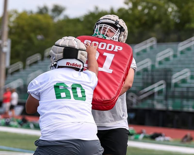 York offensive linemen practice blocking at first day of football practice. Aug 12, 2024.