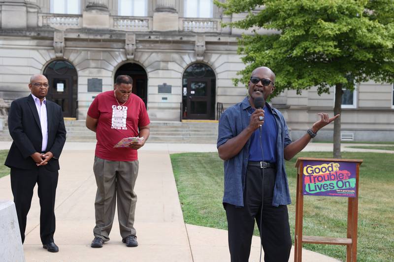 Former State Rep. Al Riley speaks during a "Good Trouble Lives On" rally held in Kankakee as part of a national day of peaceful protests on Thursday, July 17, 2025.