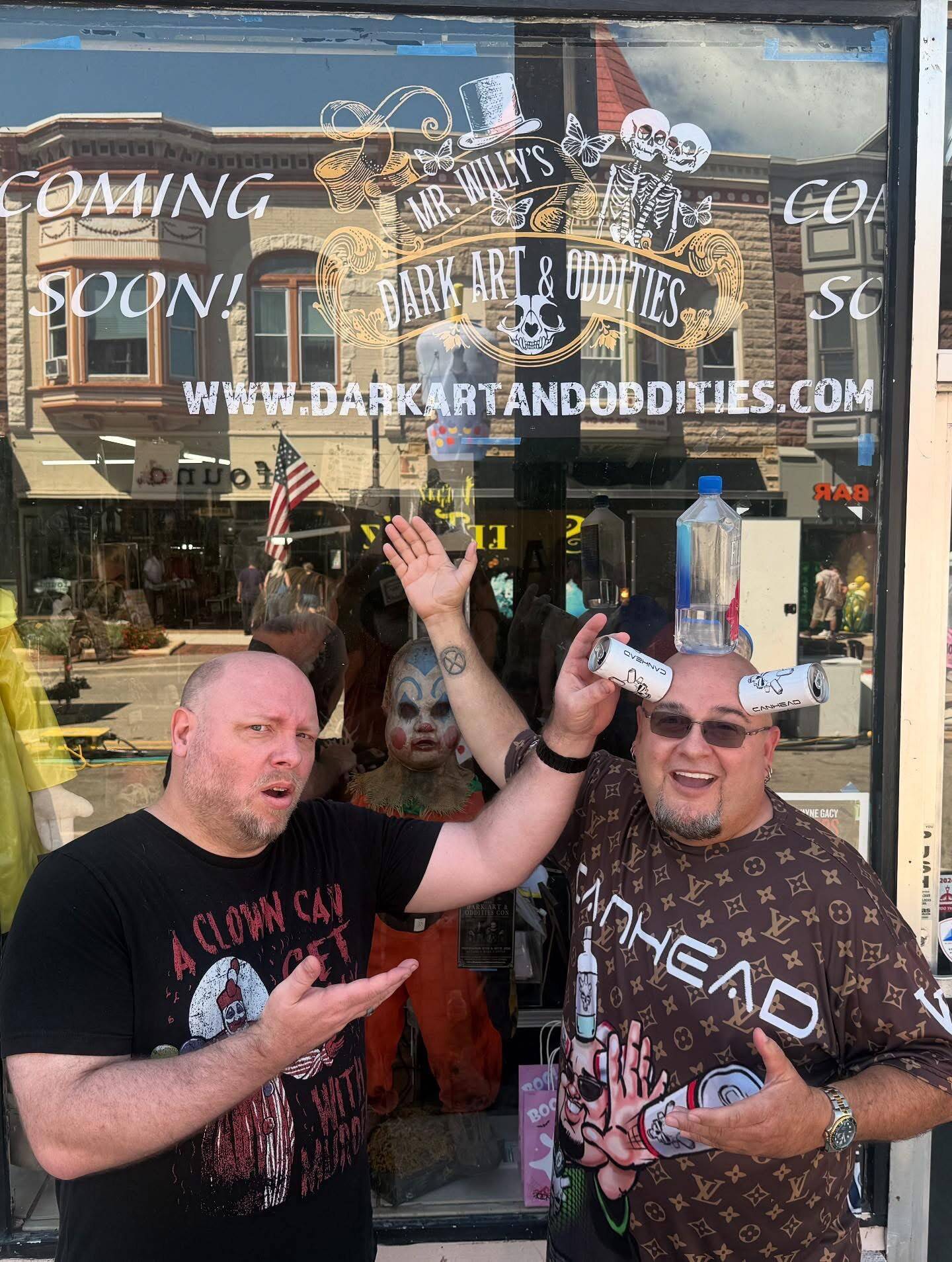 Willy Adkins (left), poses with Canhead, a Guinness World Record holder and natural oddity, during DeKalb Corn Fest in front of 150 E. Lincoln Highway, downtown DeKalb. It's the location of Adkins' new shop, Mr. Willy's Dark Art and Oddities, slated to open in October 2025.