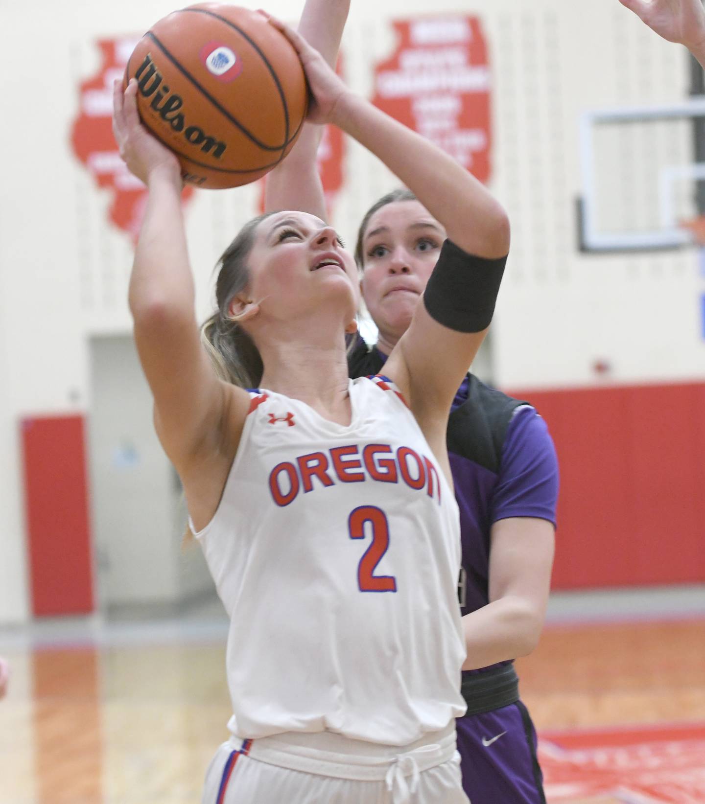 Oregon's Ava Hackman (2) shoots during Big Northern Conference action against Dixon at the Blackhawk Center in Oregon on Saturday, Jan, 21.