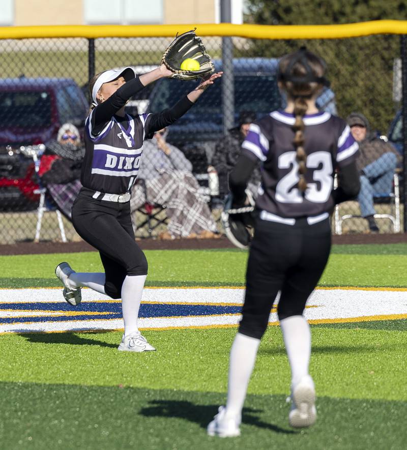 Dixon centerfielder Bailey Tegeler comes in to haul in a catch against Sterling Tuesday, March 25, 2025.