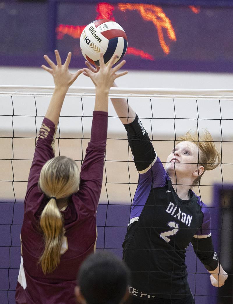 Dixon’s Madyson Tichler works the net against Morris Thursday, Oct. 31, 2024 in the class 3A regional championship at Dixon High School.