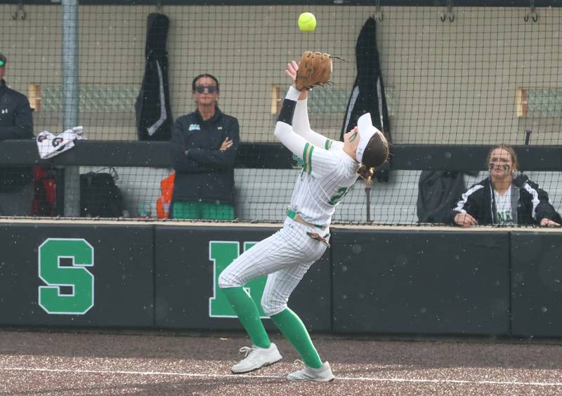 Seneca's Kaylee Klinker catches a pop fly on the infield on Friday, May 1, 2026 at Seneca High School.