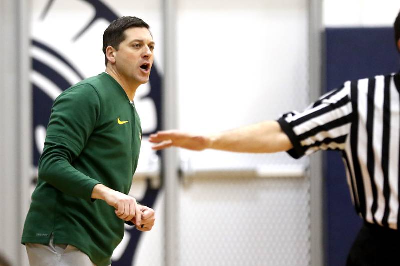 Crystal Lake South Head Coach Matt LePage yells instructions to his team during the IHSA Class 3A Cary-Grove Boys Basketball Regional Championship game against Wheaton Academy on Friday, Feb. 23, 2024 at Cary-Grove High School.