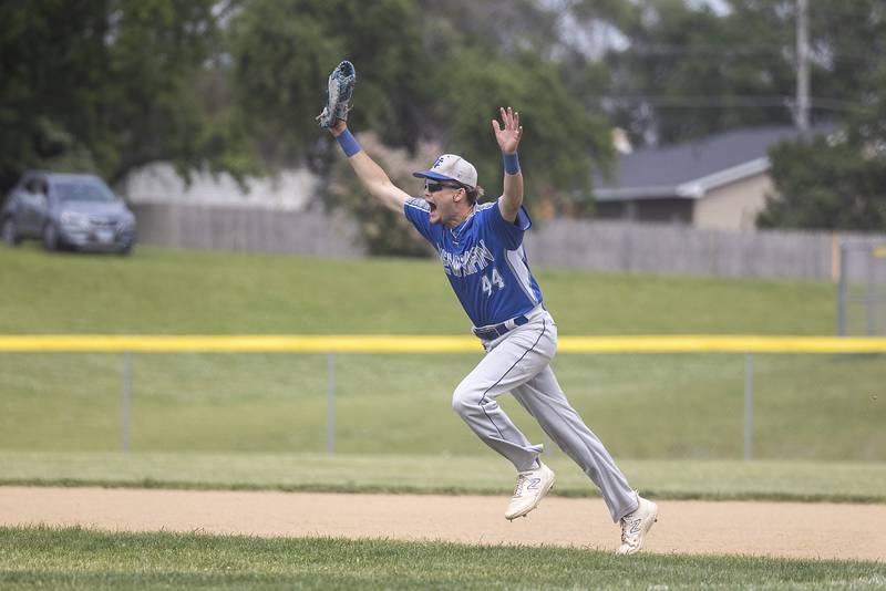 Newman’s Drake Cole celebrates a Comet win over Johnsburg Saturday, May 31, 2025, in the Class 2A Sectional final in Mendota. Cole took the win as the pitcher.