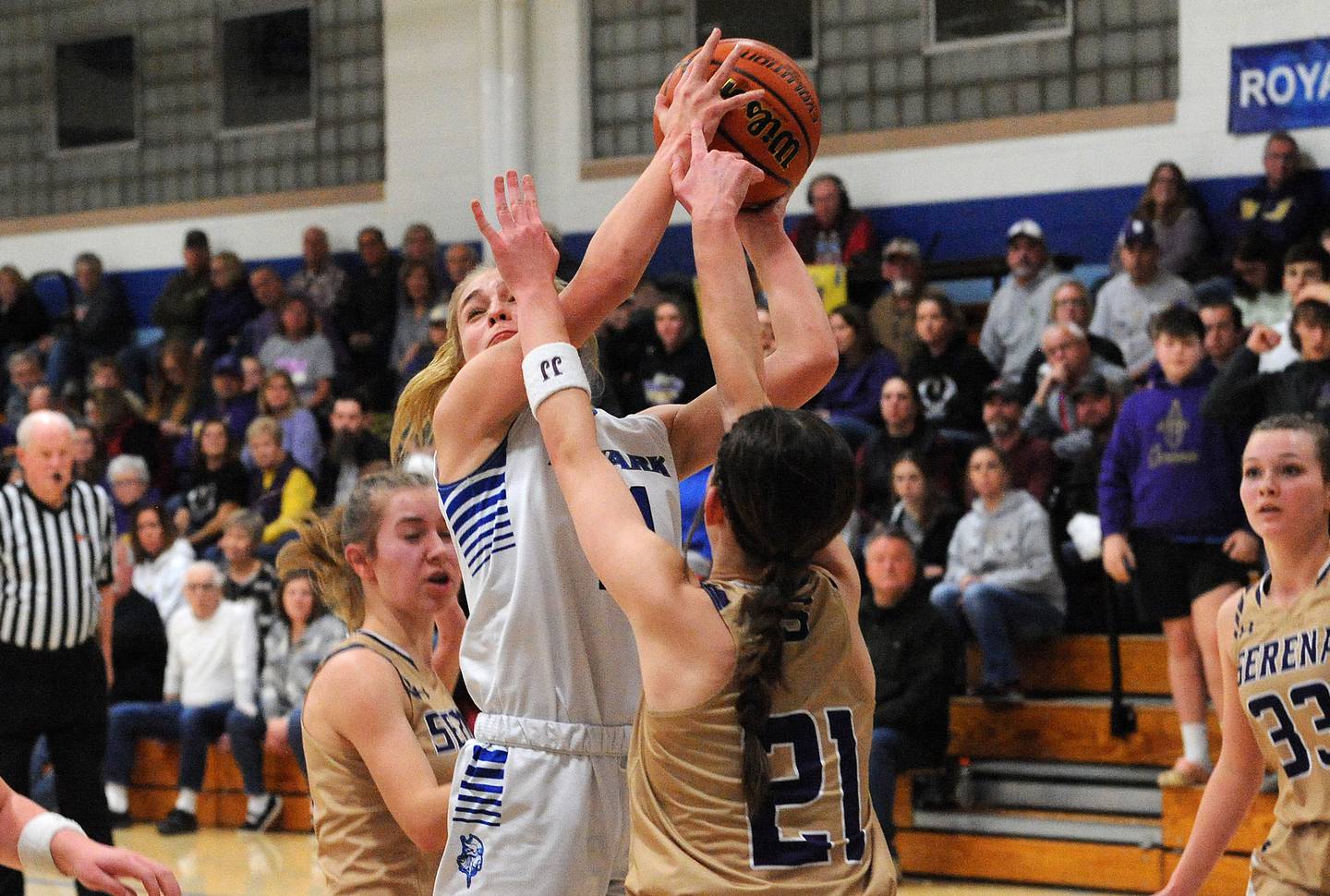 Newark's Addison Ness fires a shot over Serena defender Makayla NcNally (21) during the Little Ten Girls' Basketball Tournament Championship on Friday, Jan. 20, 2023.