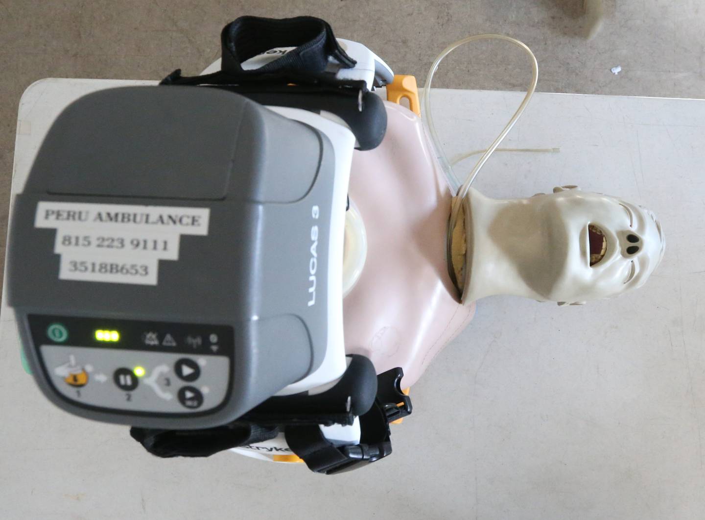 A mechanical chest compression device known as Lucas 3 made by Strkyer applies automatic pressure on the chest on a mannequin on Tuesday, Jan. 10, 2023 at Peru EMS. The device maintains chest compressions hands free during transport to advanced lifesaving therapies. It's unknown if the device was used to save Buffalo Bills safety Damar Hamlin, but CPR was administered on the field for over nine minutes.