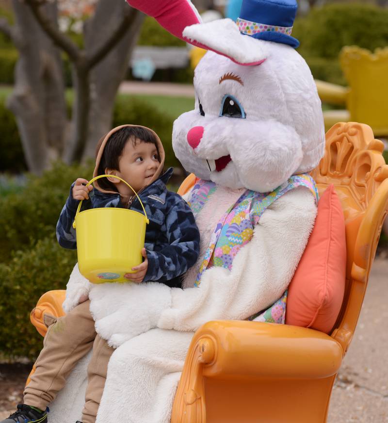 Miguel Penafiel of Warrenville shows the Easter Bunny his basket during the Easter Egg Hunt held at Cantigny  Sunday April 13, 2025.