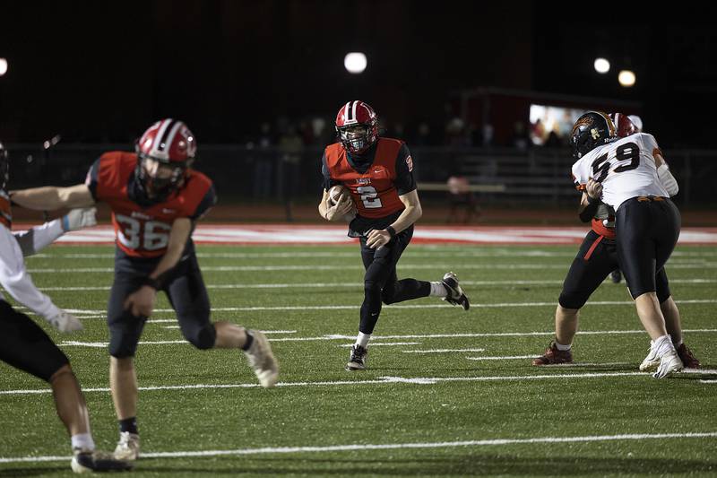 Amboy’s Eddie Jones looks for running room against Milledgeville Friday, Nov. 22, 2024, during the 8-man football championship in Monmouth.
