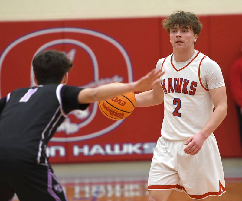 Oregon's Cooper Johnson (2) brings the ball up the court against Rockford Lutheran on Friday, Feb. 6, 2026 at the Blackhawk Center.