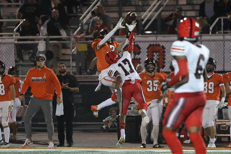 Lincoln-Way West’s Jacob Bereza pulls in a catch and turns it into a 72 yard touchdown against Bolingbrook on Friday, Sept. 22 in New Lenox.