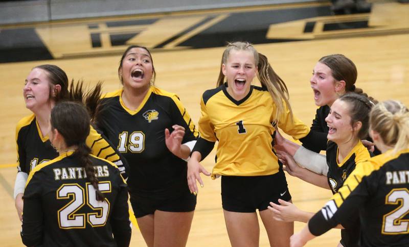 Members of the Putnam County girls volleyball team react after upsetting Henry-Senachwine during the Class 1A Regional semifinal game on Wednesday, Oct. 29, 2025 at Putnam County High School.