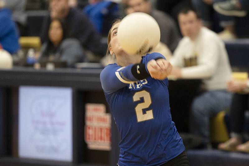 Newman’s Sophia Ely passes the ball in game one Wednesday, Oct. 26, 2022 in the semifinal volleyball match against Eastland.