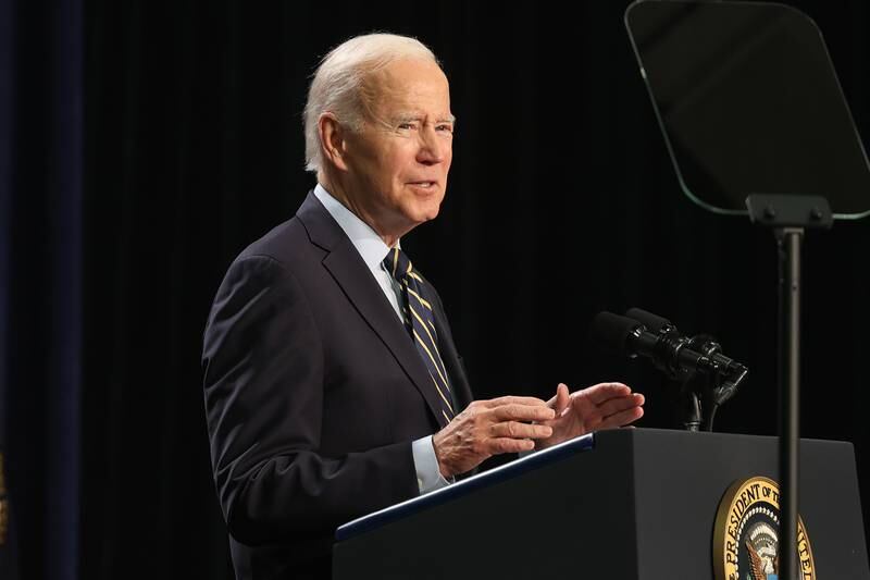 President Joe Biden speaks about Social Security and Medicare during a stop in Joliet at Jones Elementary School on Saturday.