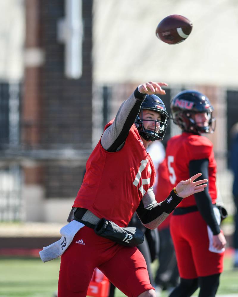 Northern Illinois University quarterback Justin Lynch (5) warms up on Saturday April 16th at Huskie stadium in DeKalb for a spring scrimmage.