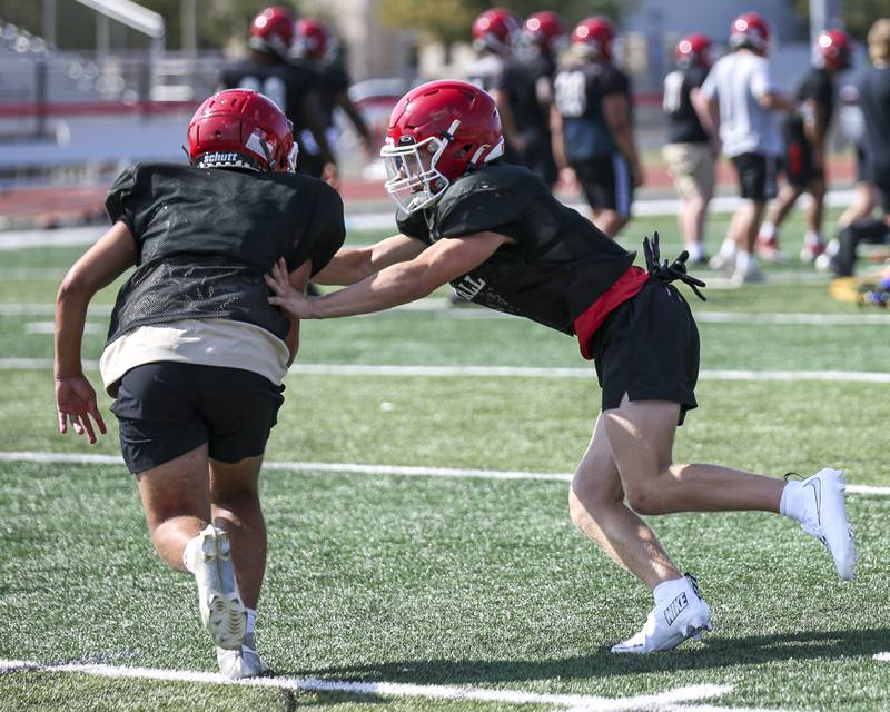 Caleb Viscogliosi works in linebacker drills at Yorkvillle football practice, Monday, Aug 13, 2025  in Yorkville.