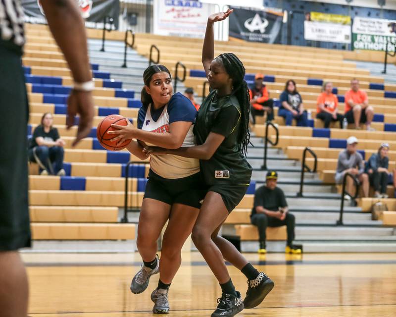 Oswego's Natalia Wheeler drives baseline at the Oswego girls basketball shootout tournament. June 28, 2024.