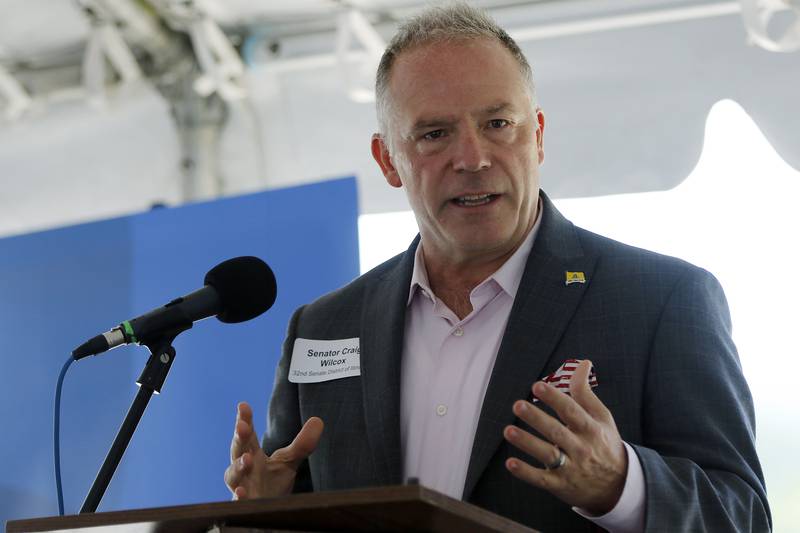 State. Sen. Craig Wilcox, R-McHenry, speaks to attendees during a groundbreaking ceremony Wednesday, June 16, 2021 for a new Mercyhealth hospital at the intersection of Three Oaks Road and Route 31 in Crystal Lake.