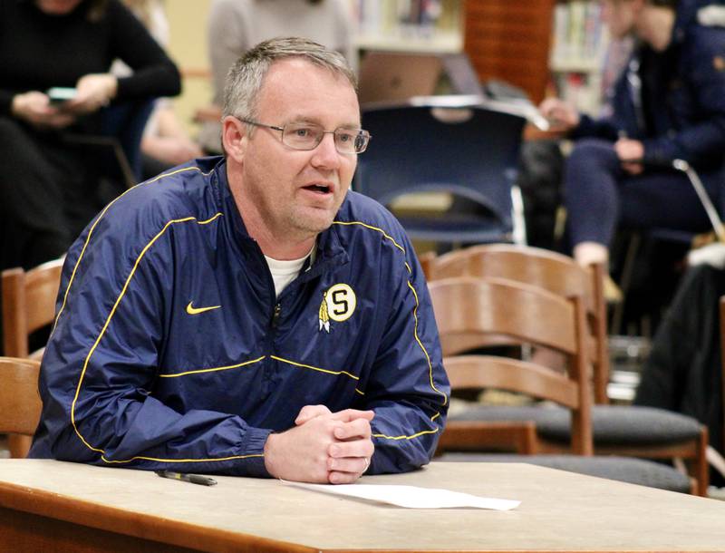 Tyler Gaumer, co-president of the Sterling Education Association — its teachers' union — speaks during a board of education meeting at the Sterling High School library on Wednesday.