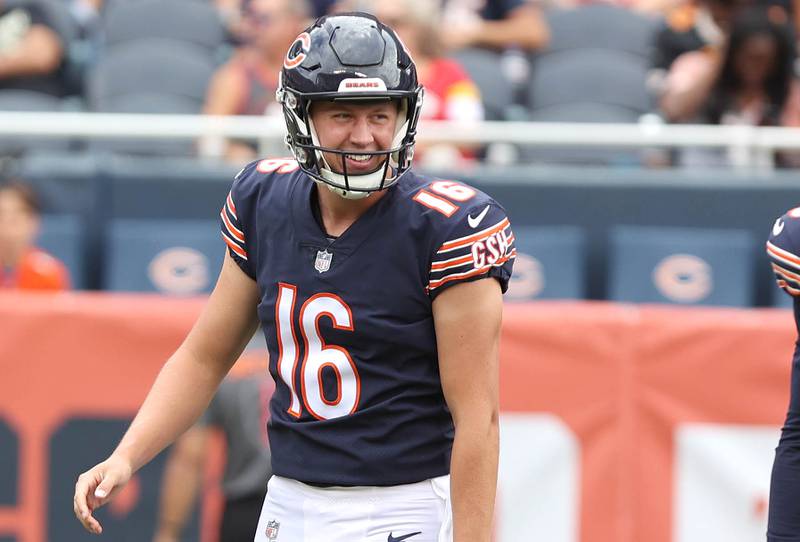 Chicago Bears punter Trenton Gill smiles after punting the ball inside the Kansas City Cheifs 10-yard line Sunday, Aug. 13, 2022, during their game at Soldier Field in Chicago.