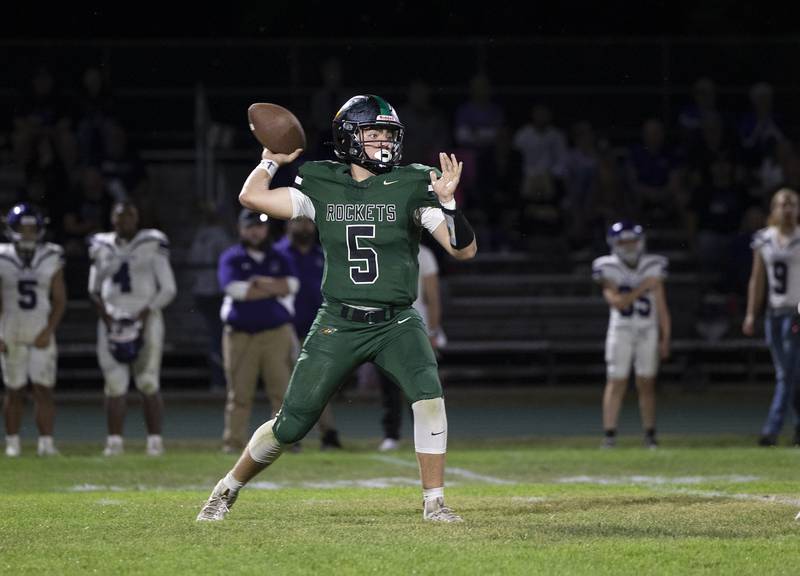 Rock Falls’ Mason Landes drops back to pass against Rockford Lutheran Friday, Sept. 20, 2024, at Hinders Field in Rock Falls.